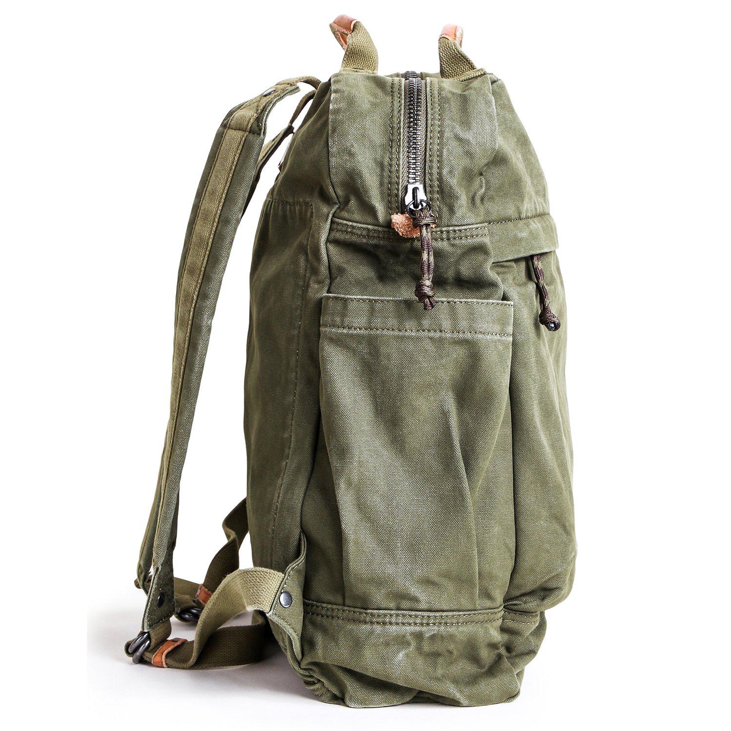 olive green backpack medium size rucksack in waxed canvas, with volume  front pocket and double layer