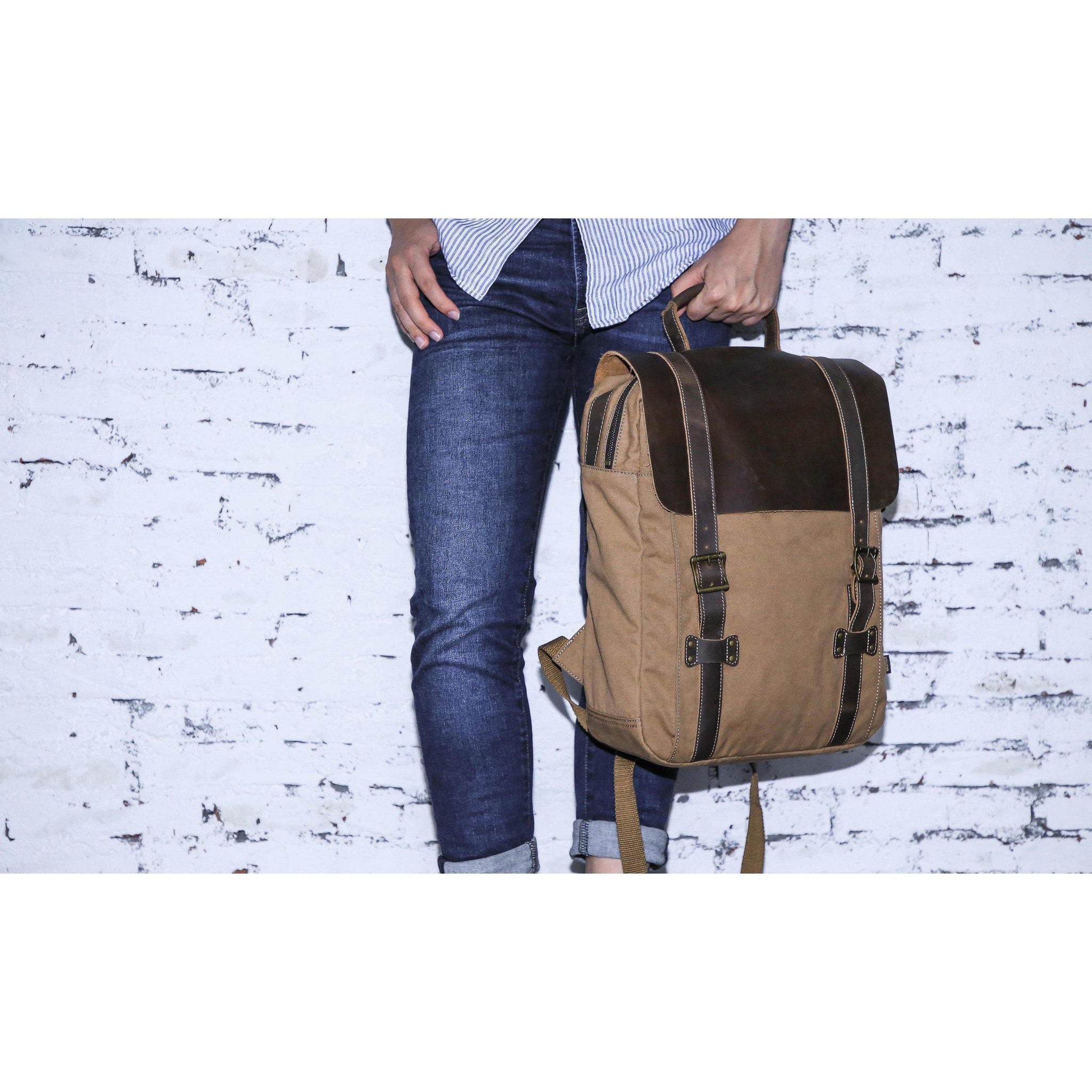 Minimalist Laptop Backpack in Convertible Design, Burnt Yellow Waxed Canvas  & Leather